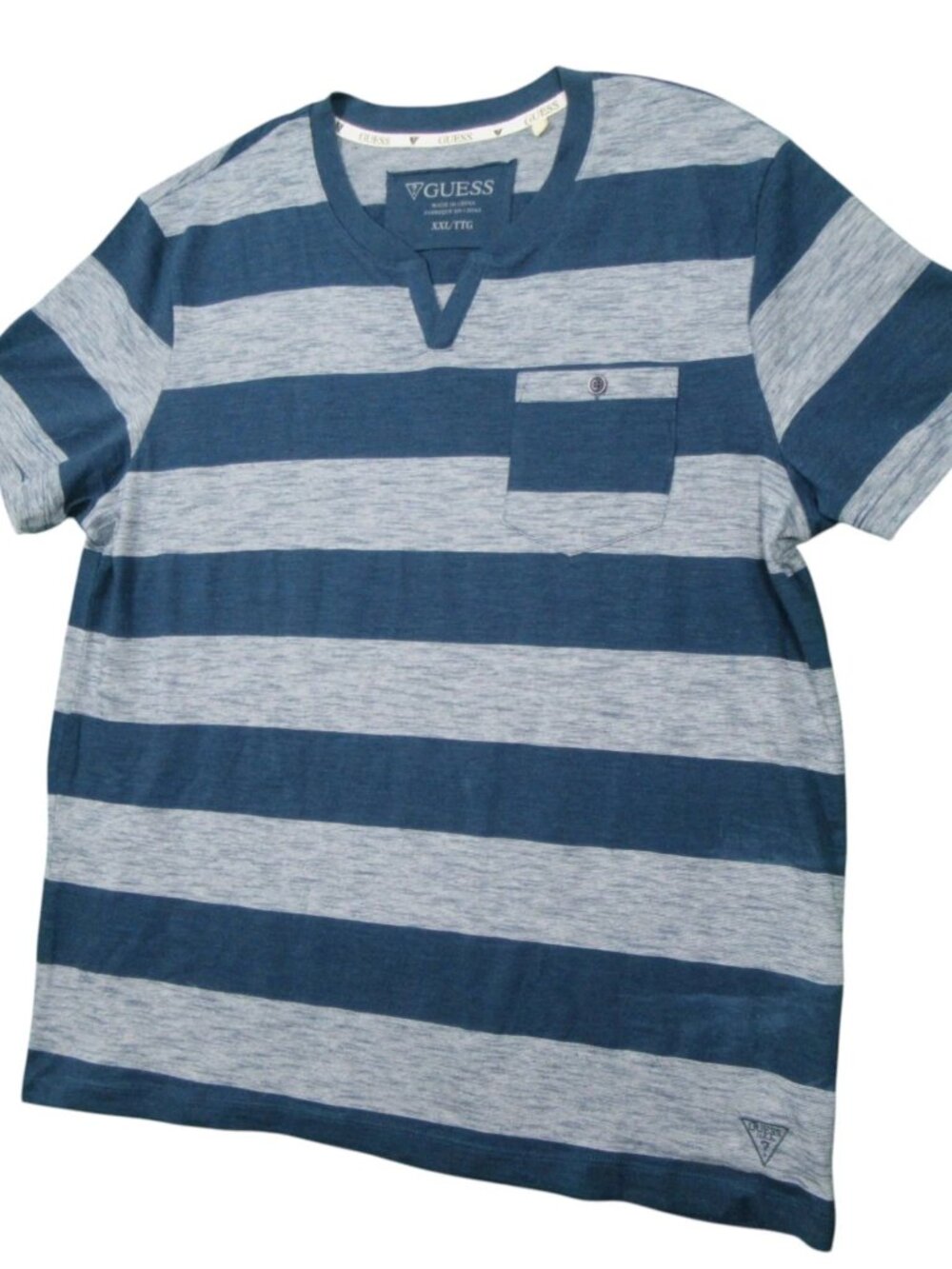 Guess Mens Striped Short Sleeve V Neck Pocket T Shirt Blue Grey XXL 2XL